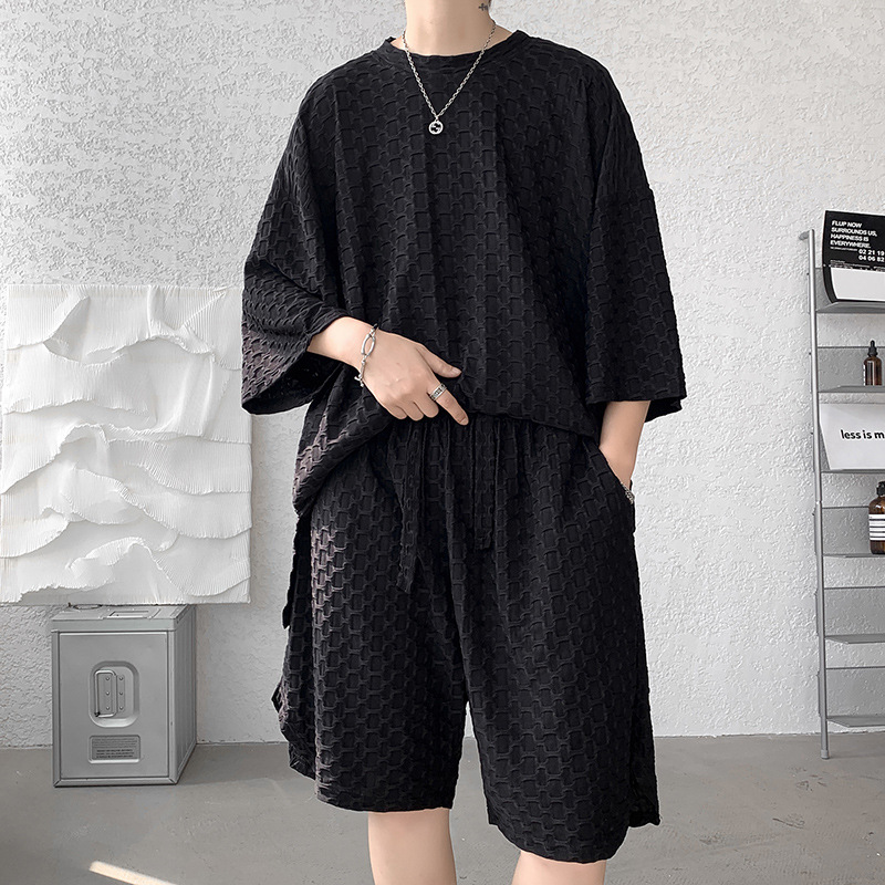 Casual traje deportivo de los hombres de verano de moda de estilo de Hong Kong ins suelta pantalones cortos de manga corta más tamaño cómodo traje de dos piezas de moda