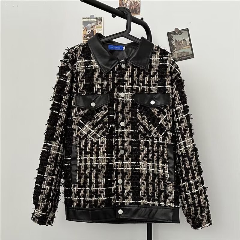 ins Vintage Chanel Style Stitching Loose Baseball Suit Jacket Men's Trendy Cool Design Tweed Couple Jacket