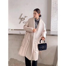 跨境气质系带收腰羊绒双面呢拼接白鸭绒羽绒服中长款外套女大衣潮