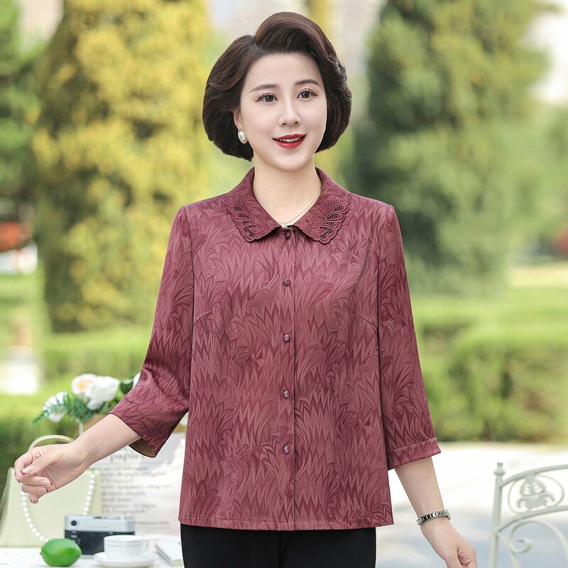 2026 New Stylish Mom-Style Three-Quarter Sleeve Shirt for Middle-Aged and Elderly Women, Spring and Autumn Style, Loose Fit, Slimming, Fashionable, Age-Reducing