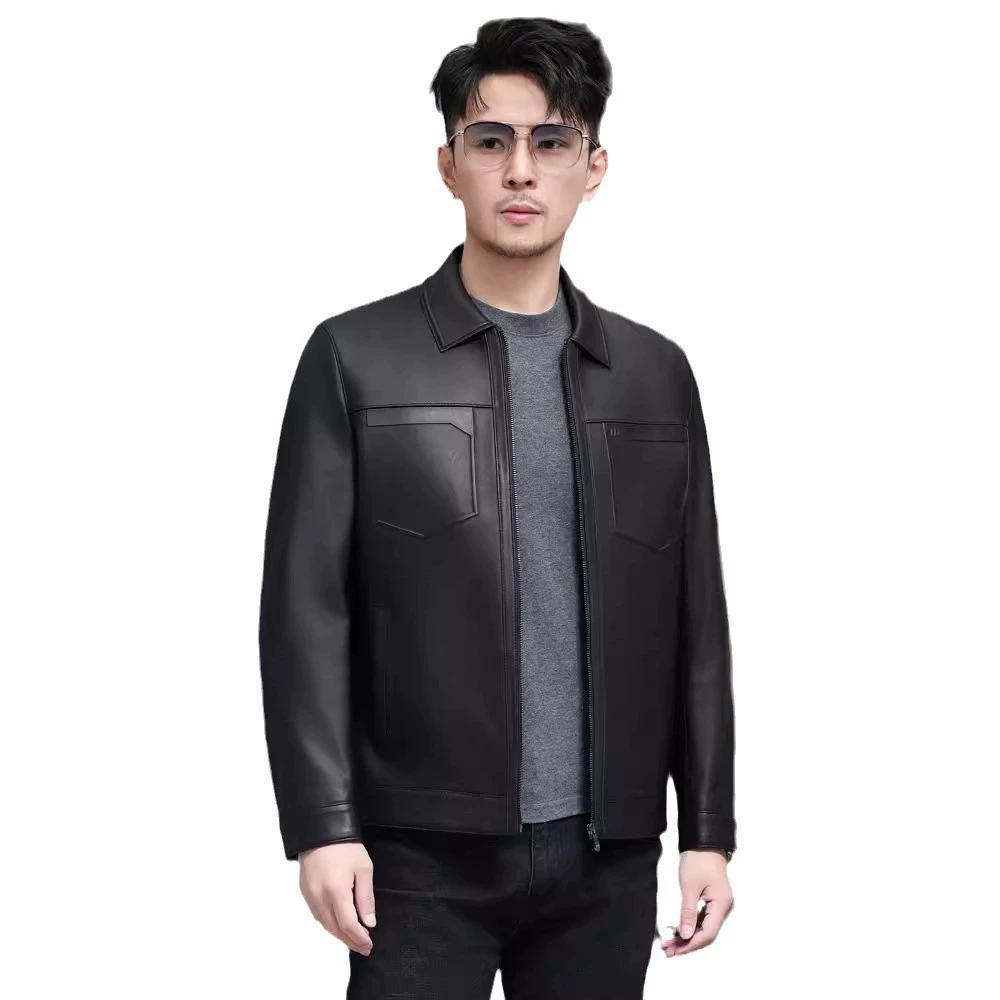 Autumn short jacket, genuine leather, for middle age