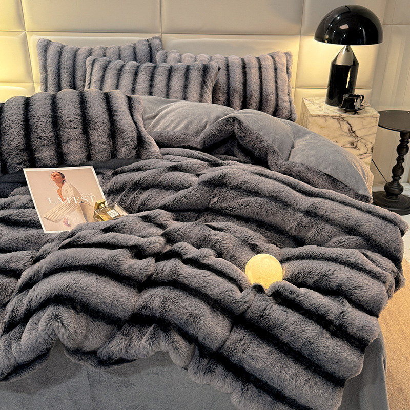 Juego de cuatro piezas de felpa de conejo de terciopelo de leche, terciopelo de coral de invierno, sábana gruesa y cálida, funda de edredón, franela, felpa de doble cara