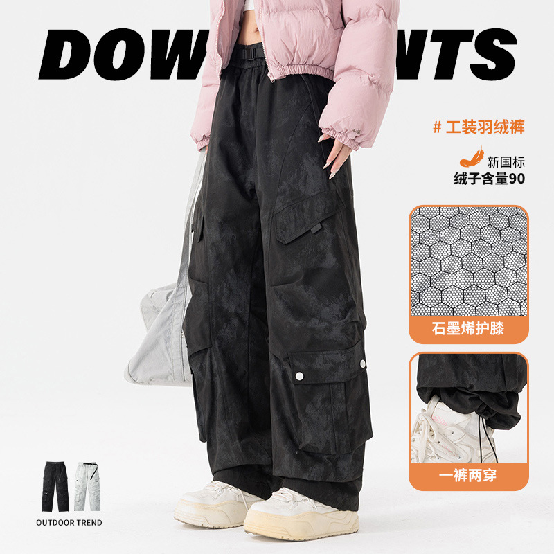 Men's down-filled winter thermal pants, outdoor camouflage work pants, new style, thickened, windproof and waterproof, long pants.