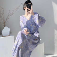 国风碎花棉绸睡裙女长袖春夏季宽松薄款睡衣简约舒适家居服