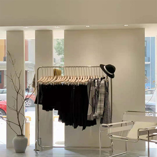 Clothing Store Display Rack Stainless Steel Floor-Standing Removable Wheeled Internet Celebrity Women's Clothing Store Shelf Display Rack Brushed Silver