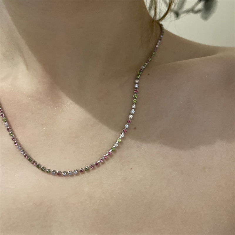 simple inlaid with color zircon thin chain necklacepicture4