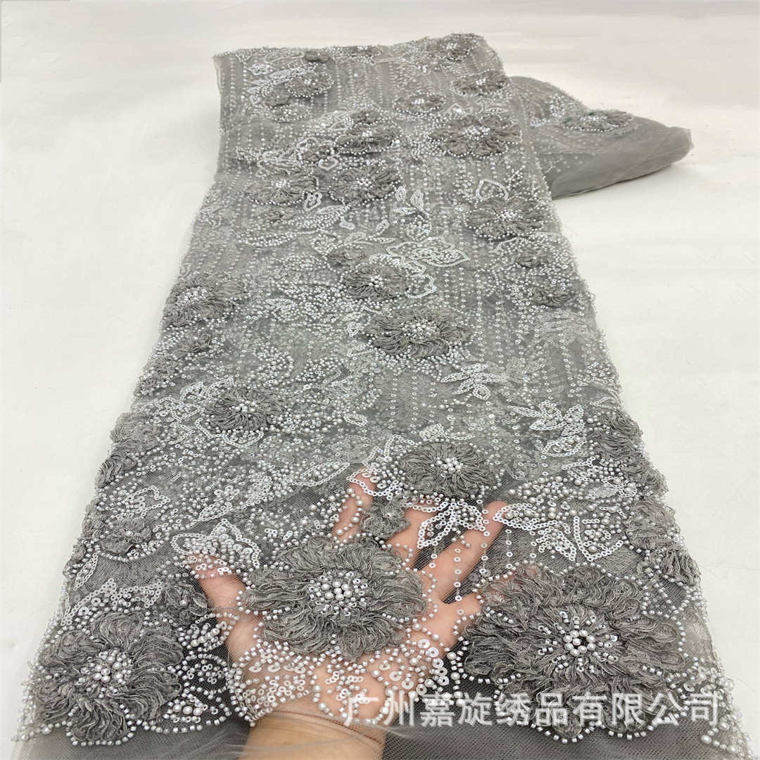 Nuevo bordado de flores pesadas + bordado de perlas de arroz + bordado de sequillas tela de bordado ligera de lujo color diamante vestido de boda vestido de moda