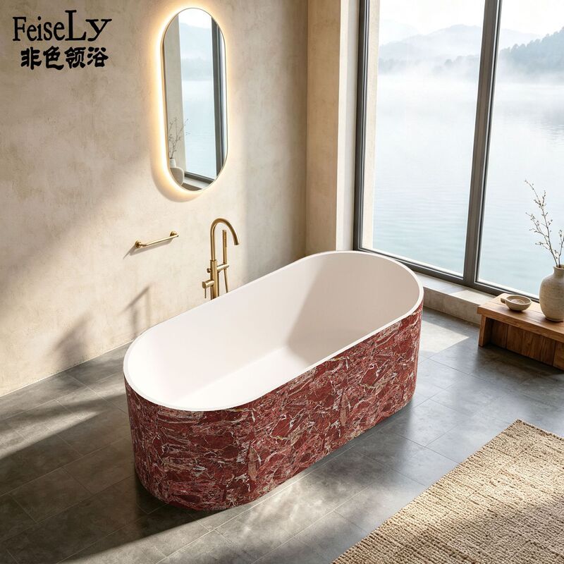 Red travertine texture freestanding bathtub for home, hotel, and guesthouse use, artificial stone bathtub with large backrest Red travertine texture freestanding bathtub for home, hotel, and guesthouse use, artificial stone bathtub with large backrest