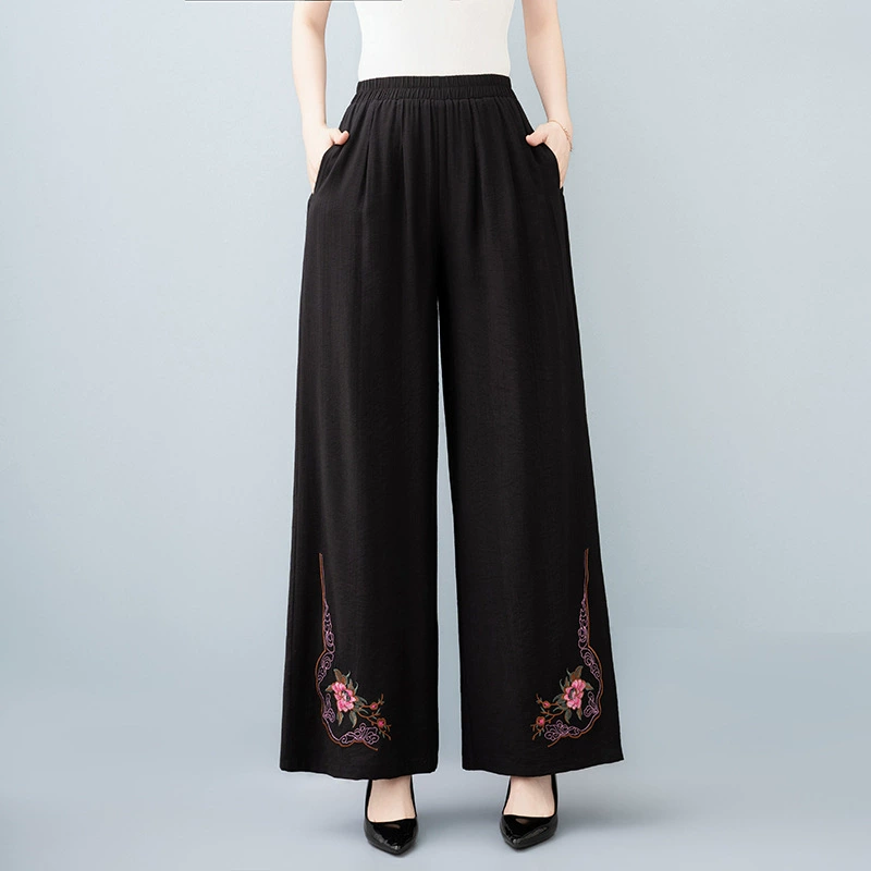 2025 новый стиль эластичный талия свободная тонкая этническая ветровая вышивка льняные повседневные брюки ретро прямые брюки