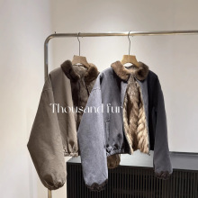 新款紫貂拼貂内胆皮草夹克水洗牛仔简约老干部风水貂领皮草派克女