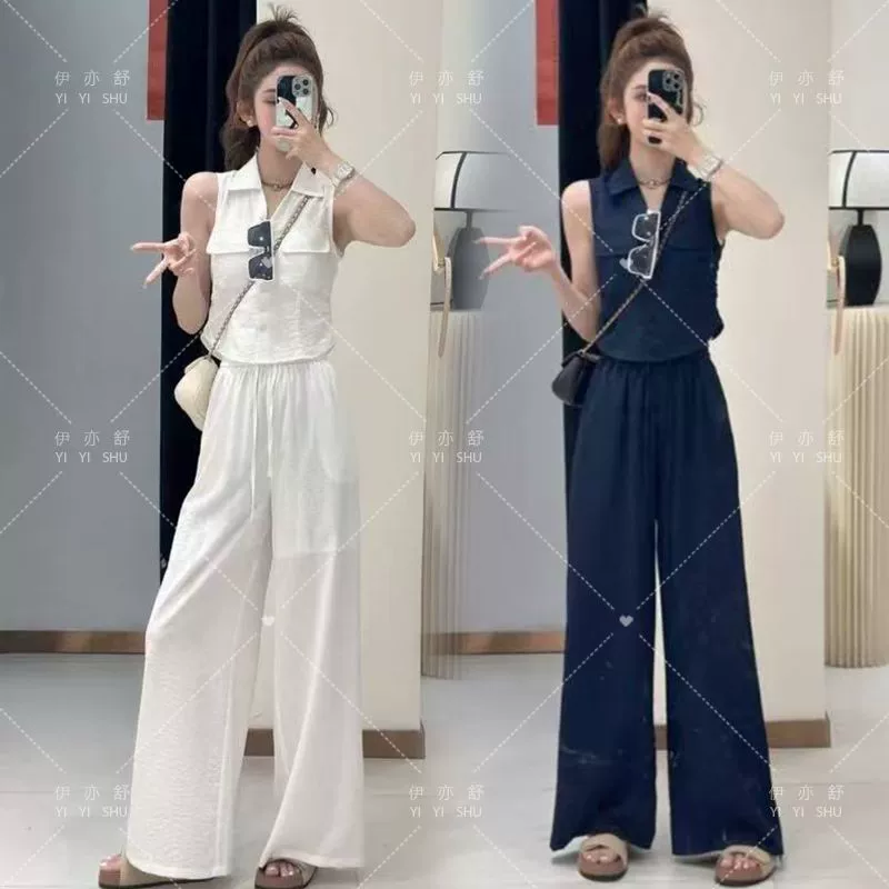 Модный и стильный летний костюм для женщин 2025 года, новый стиль: топ без рукавов + широкие брюки с драпировкой, комплект из двух предметов