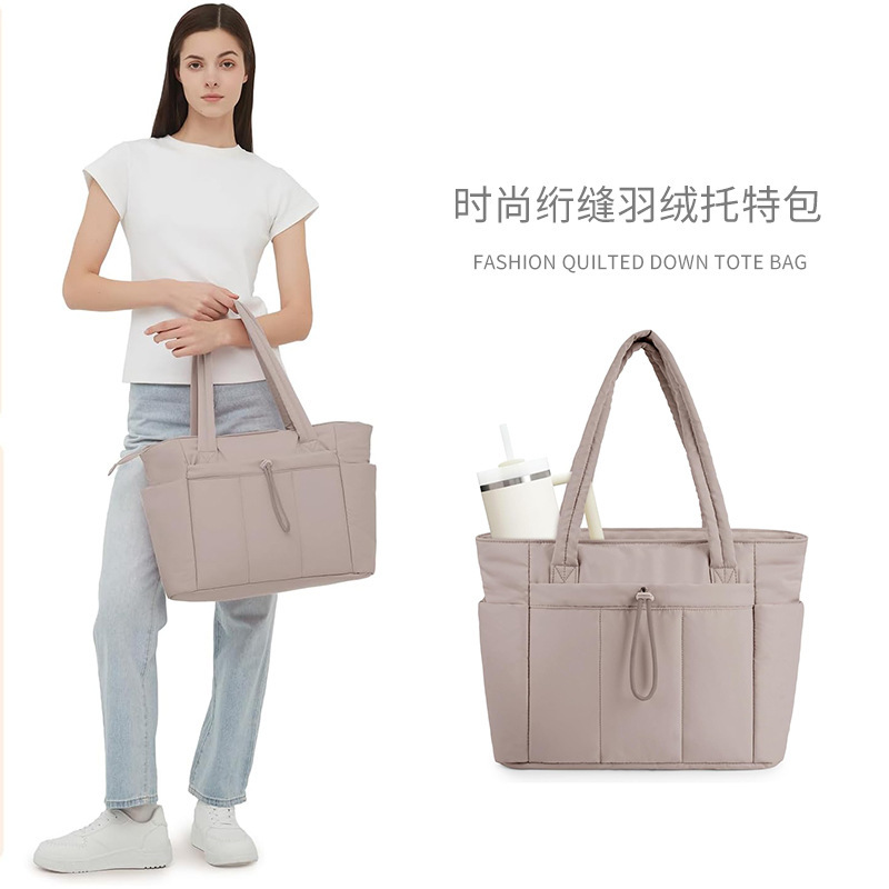 Cross-Border Large-Capacity down Tote Bag Solid Color Portable Laptop Bag Fluffy Quilted Tote Bag with Cup Pocket