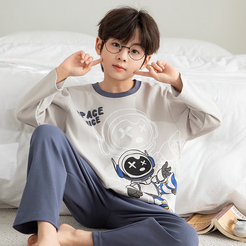 Robot Pajamas Kidsren's Pure Cotton Long-Sleeved Cartoon Suit Teenage Boys Spring and Autum Loose Casual Home Clothes