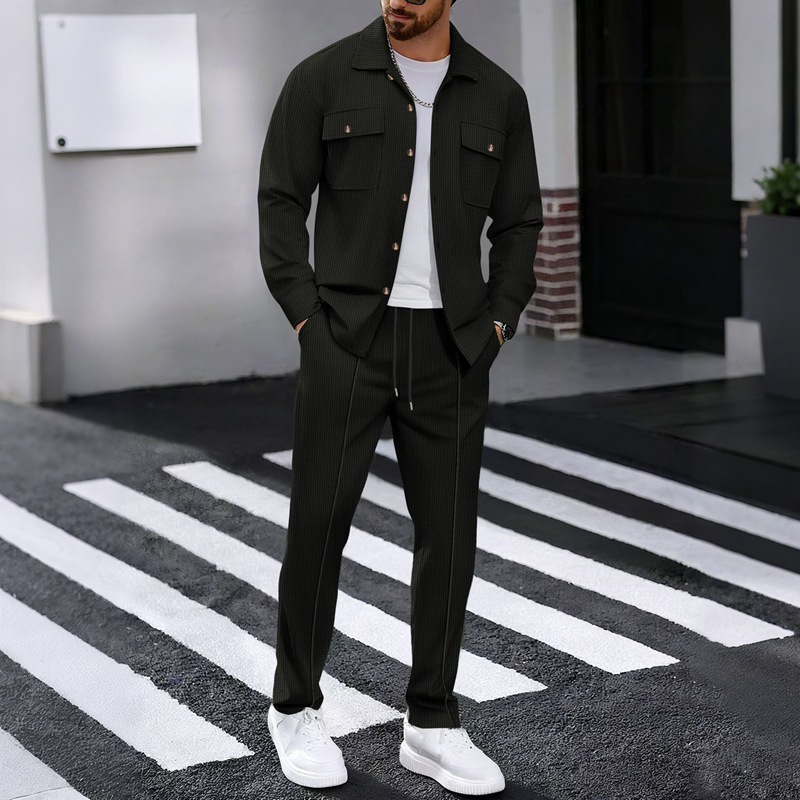 Completo da uomo autunnale con maniche a waffle, pantaloni lunghi, giacca casual con doppia tasca, camicia da lavoro, stile transfrontaliero europeo e americano._voghion.com