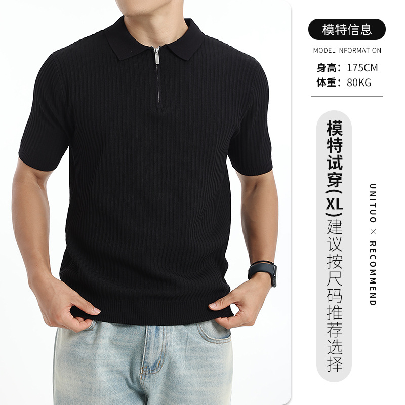 Verano nuevo hombre medio cremallera agujero de hielo tejedido polo camiseta de manga corta ligera de negocios de alto nivel hombre