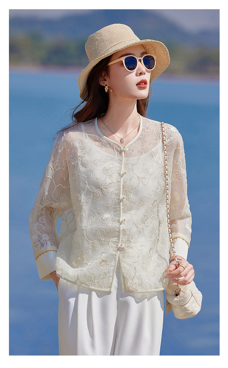 Áo cardigan nữ tay dài thêu hoa cổ tròn phối nút — Màu hồng, màu mơ chi tiết 18