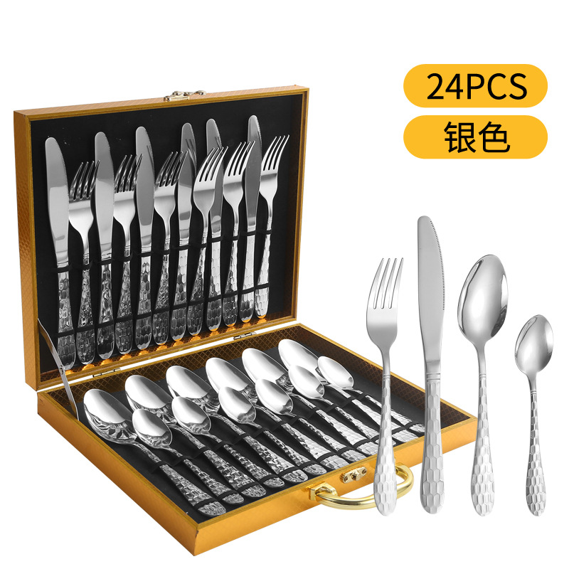 Cuchilleras de acero inoxidable 24 piezas de restaurante de hotel cuchillo y tenedor cucharas conjuntos conjuntos de caja de regalo de serie de cubo de agua transfronteriza