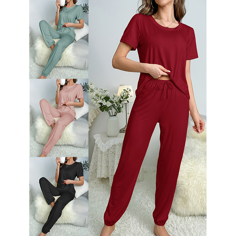 Factory Spring and Summer New Cross-Border Pajamas for Women Milk Silk Short-Sleeved Trousers Suit Classic Solid Color Casual Amazon Hot Factory Spring and Summer New Cross-Border Pajamas for Women Milk Silk Short-Sleeved Trousers Suit Classic Solid Color Casual Amazon Hot