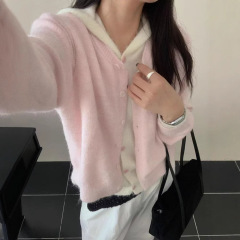 甜美韩系假两件连帽针织开衫女2025早秋新款温柔软糯长袖毛衣外套