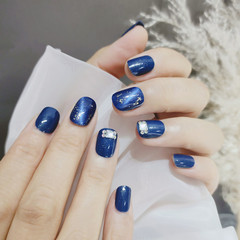 C100藍鑽貓眼短款手工藍色金箔貓眼顯白假指甲貼片穿戴甲工廠批發