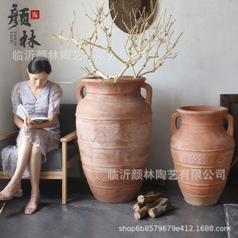 Hacer viejos paisajes vasijas de cerámica gran tamaño jardín decoración de la olla de cerámica hecha a mano tierra cerámica roja antiguo cerámica roja super grande
