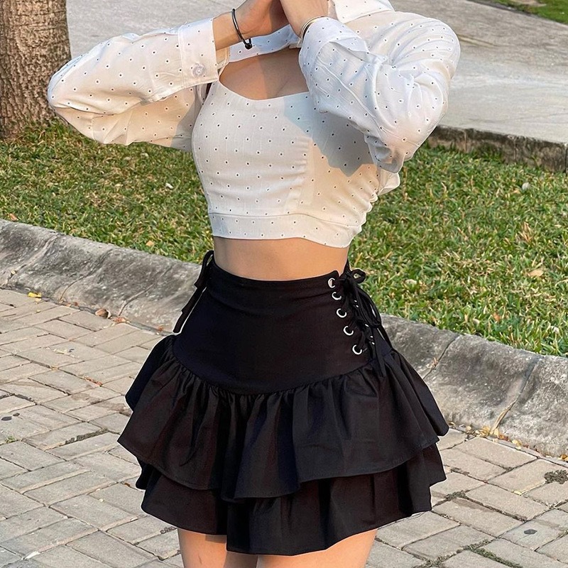2025 Autumn/Winter New Hot Girl Sexy Slim Fit Side Waist Tie Skirt Women's Fashion High Waist Pleated Puffy Short Skirt