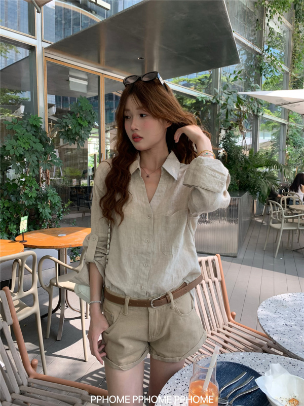 PPHOME自制~高智oni 老钱V领松弛感阔版亚麻长袖衬衫原麻防晒衬衫|undefined