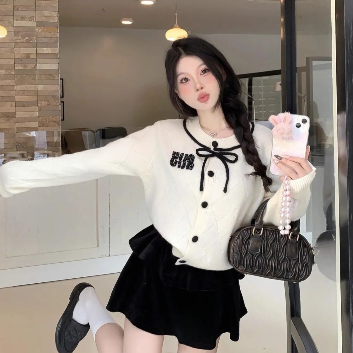 小香风毛衣套装秋冬新款薄荷曼波上衣甜辣气质约会小黑裙两件套女