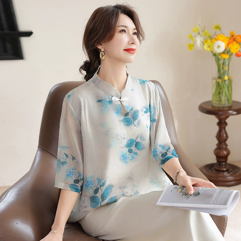 Мама новая китайская летняя национальная футболка рубашка 2025 новая иностранная леди среднего возраста рубашка свободная и тонкая