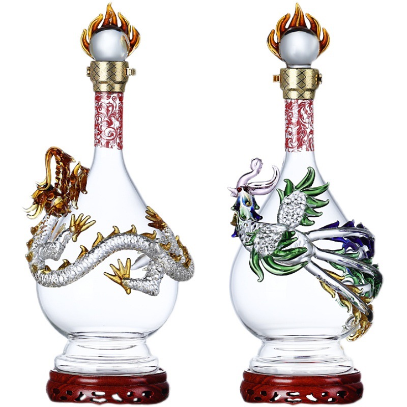 Suministros para banquetes de bodas Dragon and Phoenix Chengxiang Botella de vino de burbujas Botella vacía Botella de vino artesanal de vidrio resistente al calor con alto contenido de borosilicato grueso Caja de regalo
