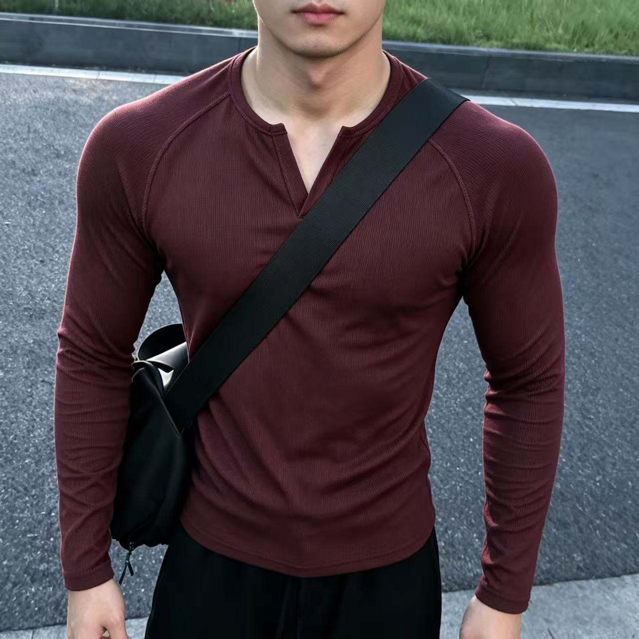 Men's Henry Collar Long Sleeve T-Shirt, Spring and Autumn Slim Fit Ribbed Stretch Base Shirt, Casual and Sporty Fitness Top for Men
