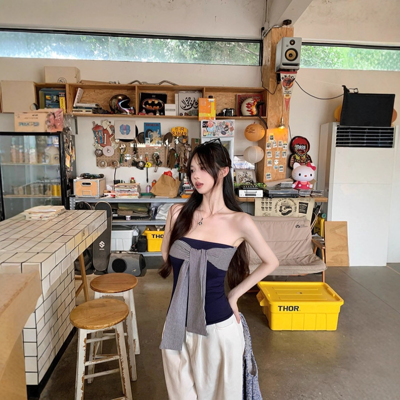 Retro Striped Lace-Up Tube Top for Women in Summer, Sexy Hot Girl's Chest-Wrapped Inner Wear, Short Design Outer Top