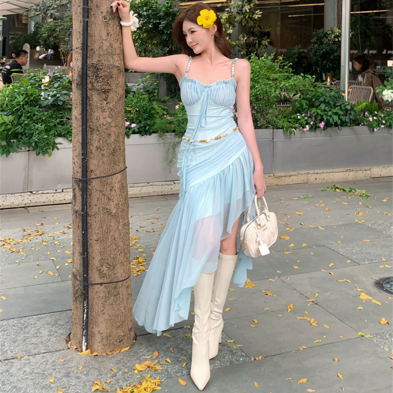 French-Style Beautiful Unique Super Pretty Strapless Waist-Cinching Slim Long Dress Gentle Style Elegant Dress 2025 Summer