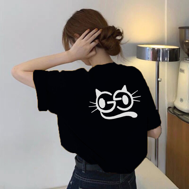Cartoon Printed Cotton Short-Sleeved T-Shirt for Women 2025 Summer New Loose Display Versatile Round Neck Top Trendy