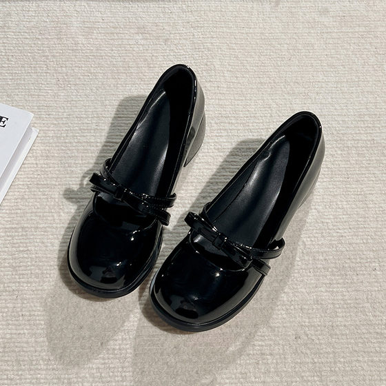 2025 Small Leather Shoes Patent Leather High Heel Black Medium Thick Heel Single Shoes Shallow Mouth Round Head Mary Jane Shoes Women's New Autumn