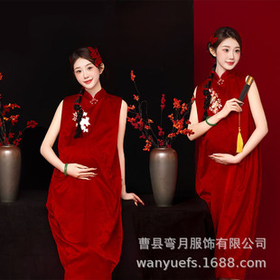 Photo Studio New Maternity Photo Clothing New Chinese Style National Style New Year Theme Red Skirt Pregnant Mommy Photo Clothes