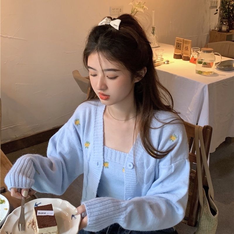 温柔风防晒针织衫女春春秋韩系奶甜短款开衫内搭吊带小背心两件套|undefined