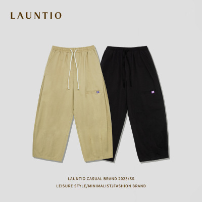 Dragon solar system leisure time 2023 Spring pure cotton Straight Casual pants Patch decorate Elastic waist Drawstring Casual pants