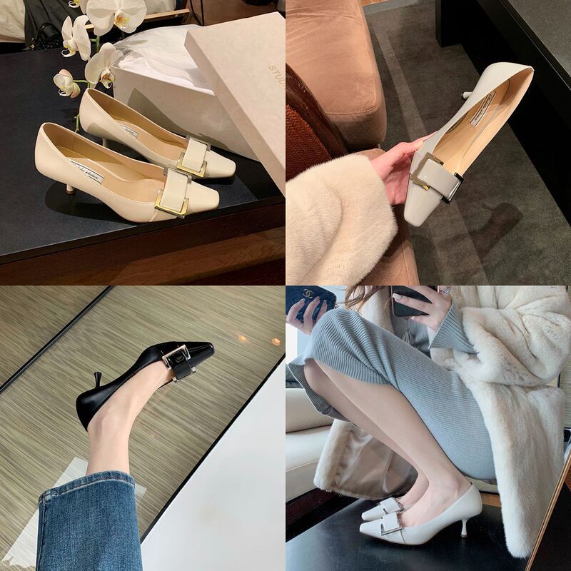 French-Style Elegant Square Buckle 2026 New Model Rhinestone Square-Toe High-Heeled Shoes for Women, Spring and Autumn Commuting Thin-Heeled High Heels, Comfortable French-Style Elegant Square Buckle 2026 New Model Rhinestone Square-Toe High-Heeled Shoes for Women, Spring and Autumn Commuting Thin-Heeled High Heels, Comfortable
