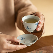 仿古青手绘兰花主人杯品茗杯功夫茶具茶杯复古青瓷杯子杯垫釉下彩