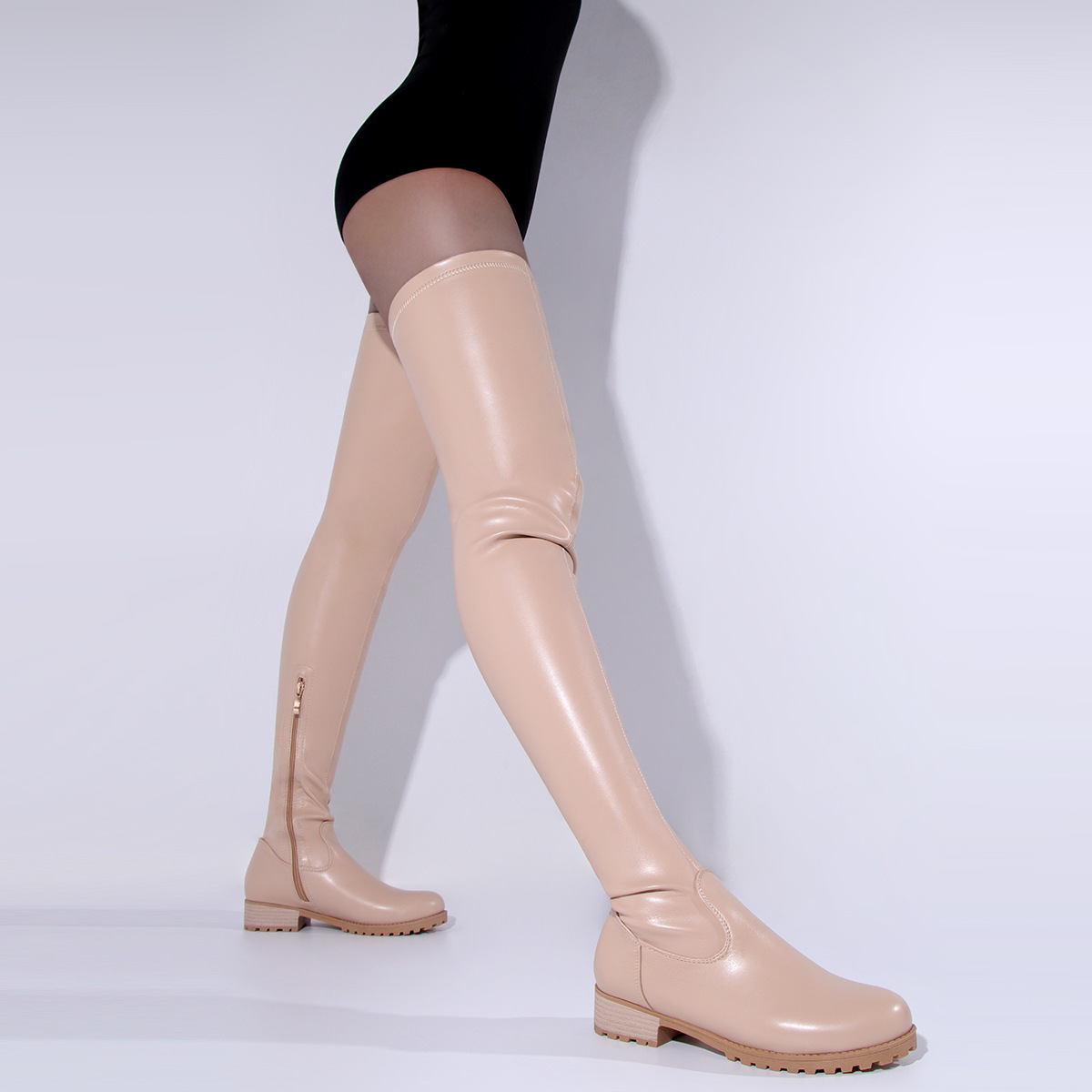 Women's Shoes mid heel retro round toe 40 43 zipper PU leather long boots women boots_voghion.com