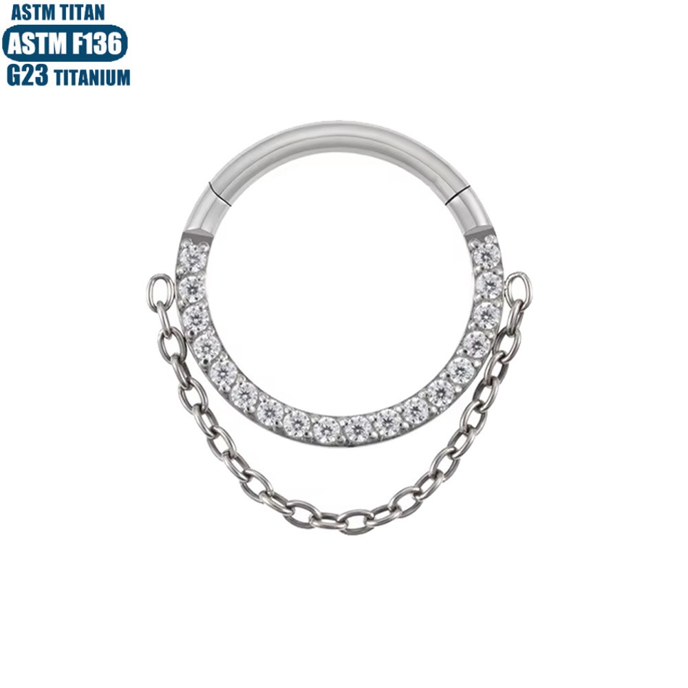 G23 Titanium Hinge Nose Ring with Zircon Chain Earrings - Seamless Open Ring Cartilage Septum Perforated Ear Ring Nose detail image 10