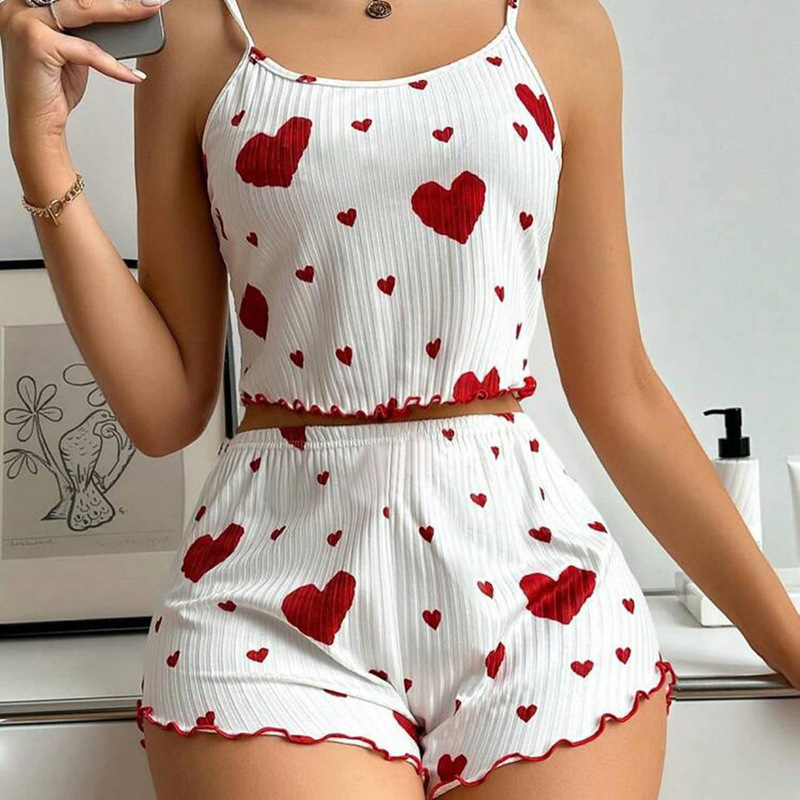 European and American Aliexpress Summer New Women's Knitted Pit Strips Pure Desire Heart Print Sweet Suspender Shorts Pajamas Two-Piece Set