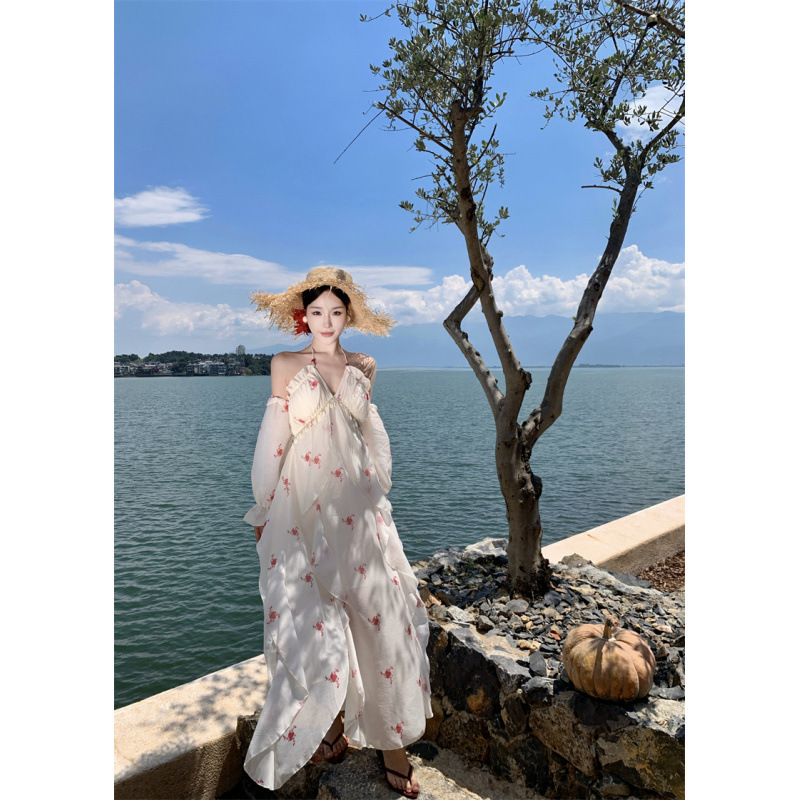 Real Shot of Beautiful and Super Pretty and Elegant Holiday Style Long Skirt for Women 25 Summer Printed Halterneck Backless Suspender Dress