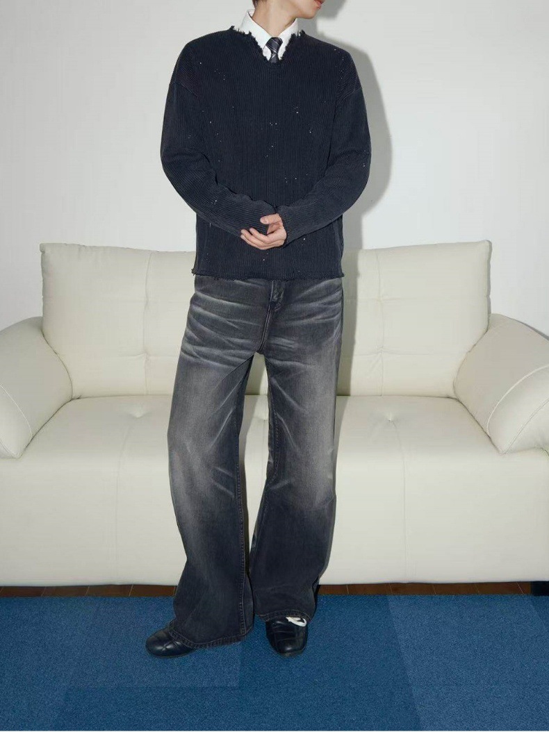 Vintage Washed Black Straight Jeans For Men With Stretch Fit_voghion.com