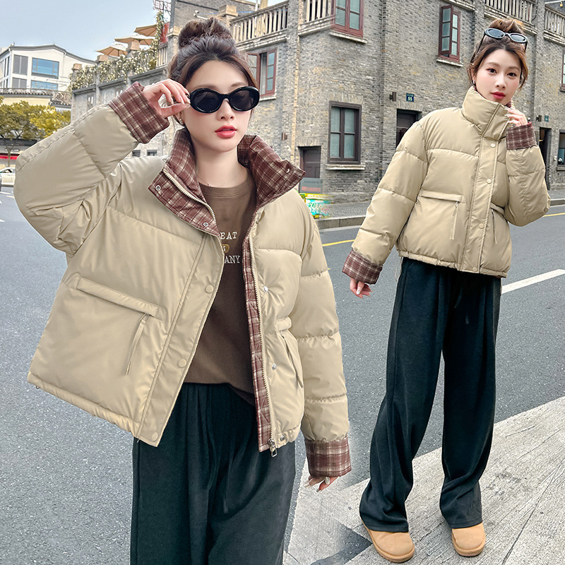 2025跨境女格子撞色棉服外套女短款冬季宽松加厚休闲保暖时尚棉衣