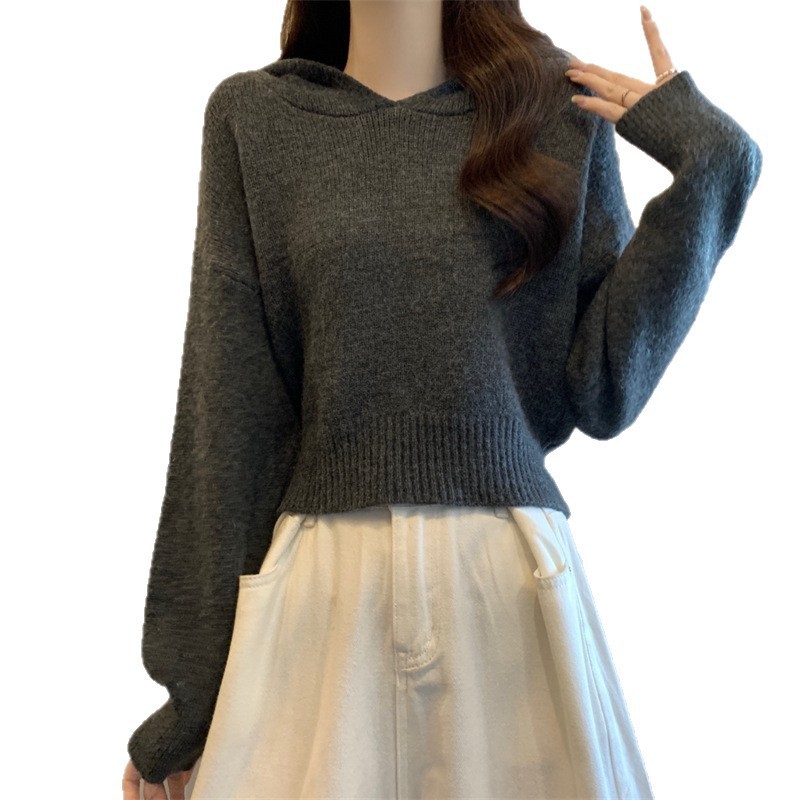 简约休闲软糯连帽毛衣女秋冬款韩版慵懒风宽松显瘦针织套头衫上衣|undefined