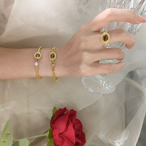  New Set Tiger Eye Earrings, High-End Court French Retro Necklace for Women, New Ring and Bracelet
