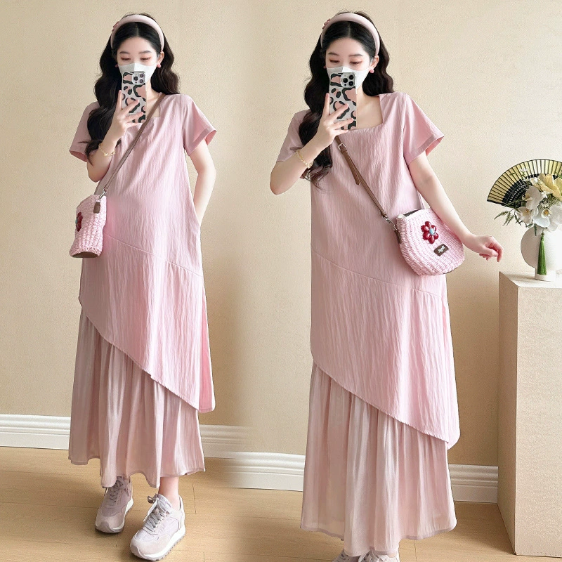 Летнее платье для беременных 2025, новая розовая юбка, верхняя одежда для беременных, модная летняя свободная юбка большого размера