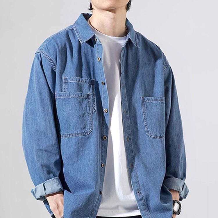 American Classic Dark Blue Handsome Soft Denim Casual Shirt for Men in Autum Slightly Loose Workwear Long-Sleeved Shirt Jacket for Men